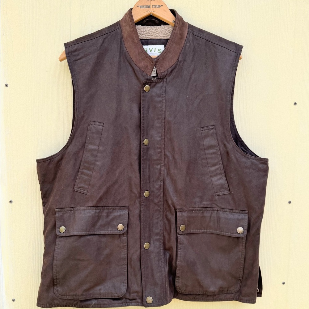 Orvis Brown Vest Sherpa Lined Waxed Cotton Utility Multi Pocket Size XXL Men’s